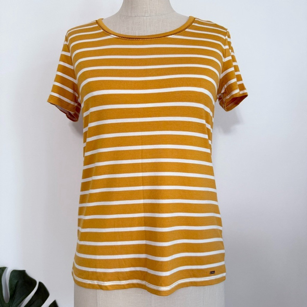 Tommy Hilfiger Mustard Yellow & White Striped Scoop Neck T-Shirt Women's Small